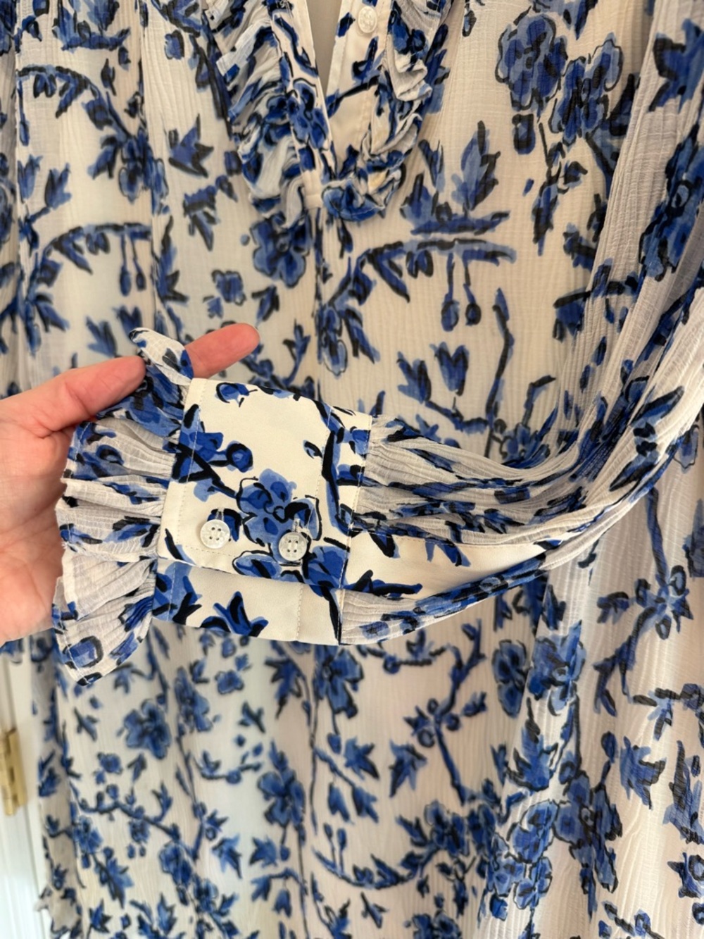 Tory Burch White and Blue Floral Long Sleeve Dress - Picture 3 of 5